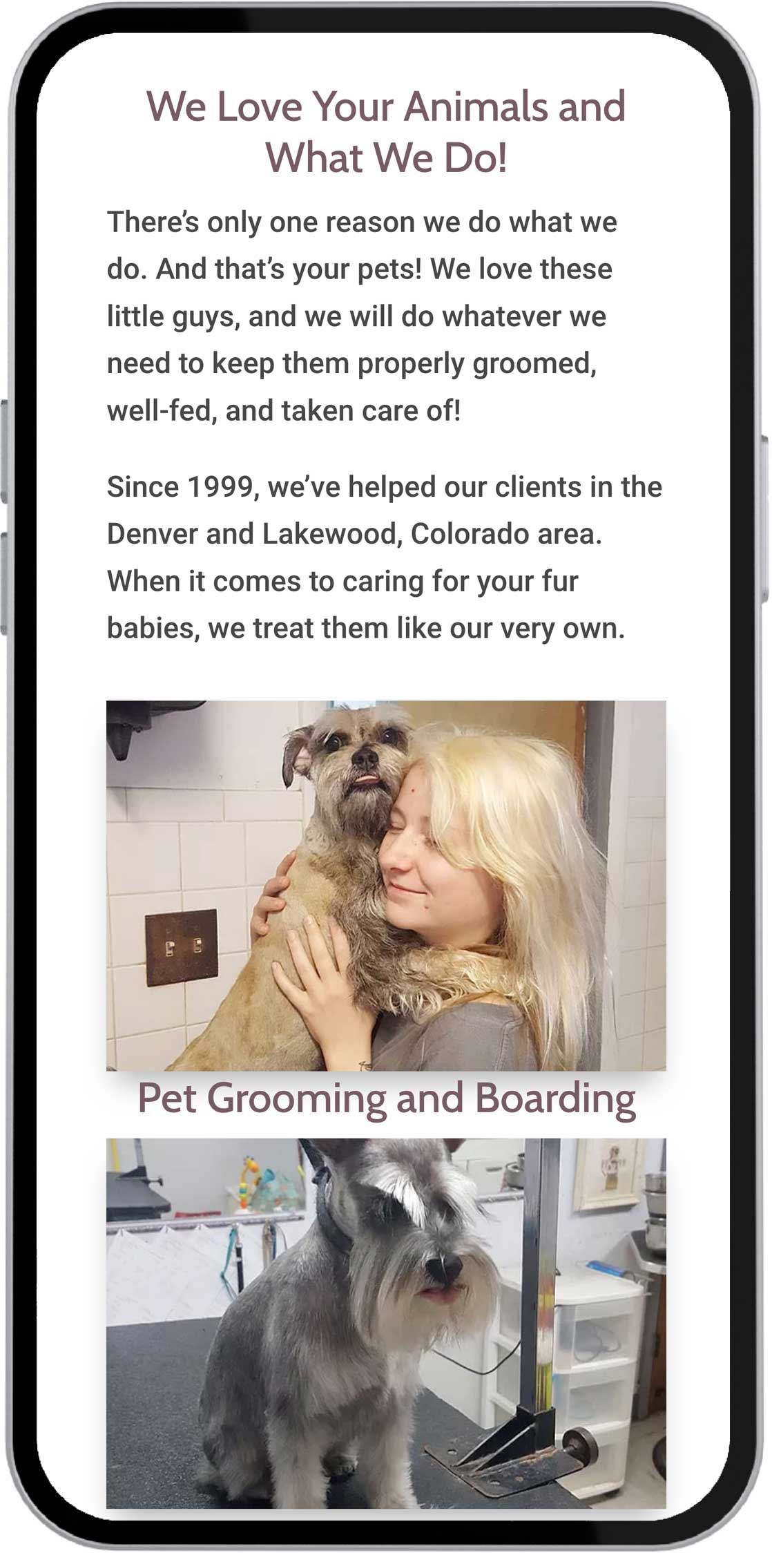 Pinehurst Animal Center home page on mobile